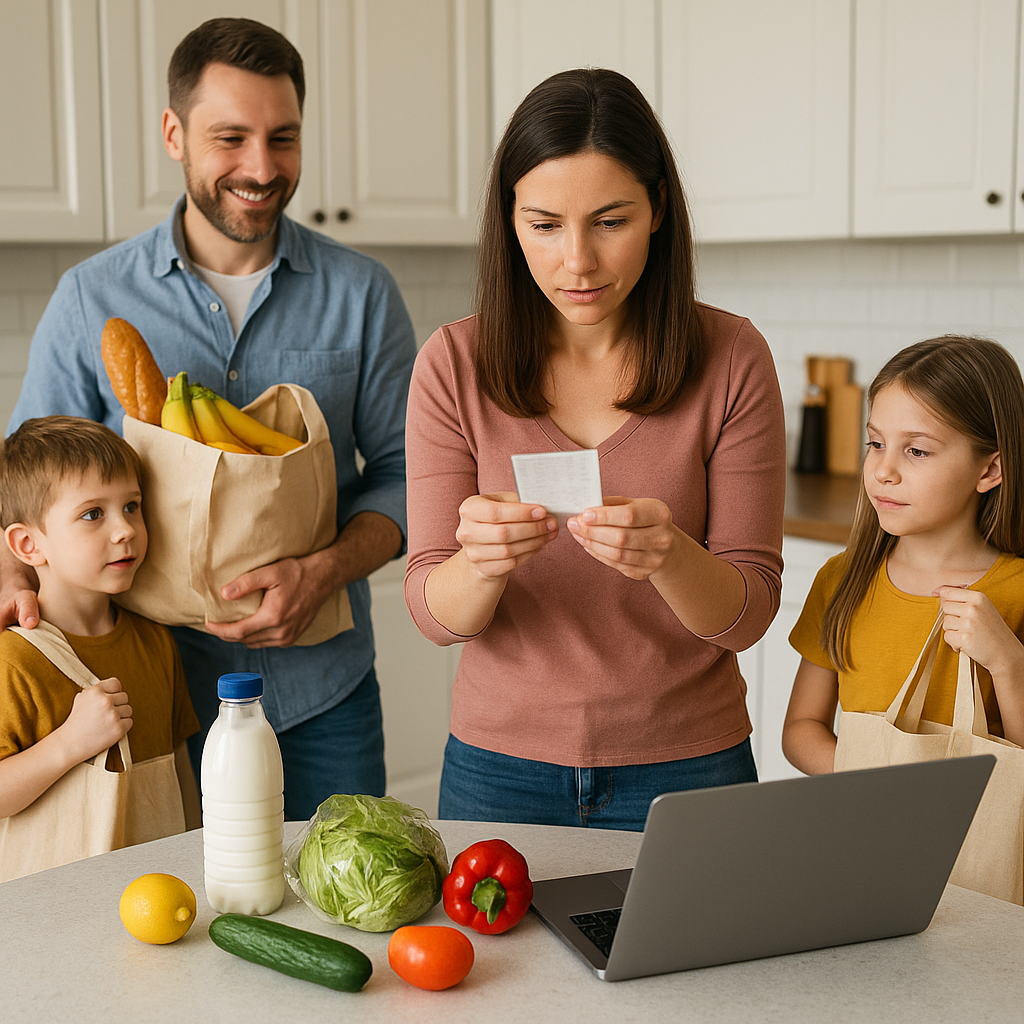 familia revisando ticket de la compra